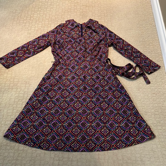 🦩Vintage purple navy yellow blue orange white teal patterned dress w/collar - Picture 8 of 12